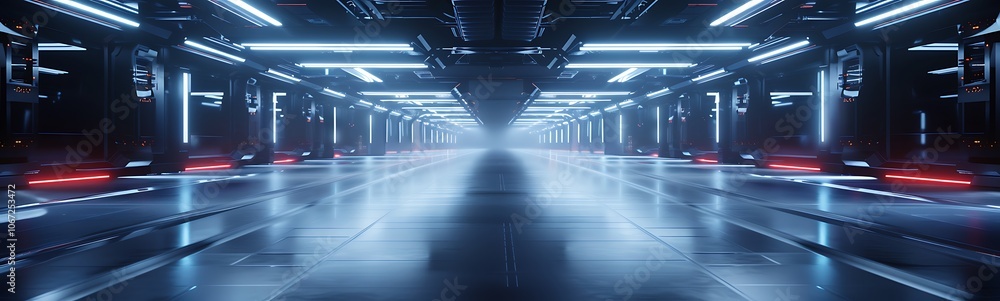 Poster a futuristic, illuminated tunnel with glowing lights and a misty atmosphere, suggesting advanced tec