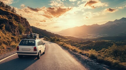 Road Trip Car - Car on a scenic route, surrounded by stunning landscapes and filled with travel essentials.