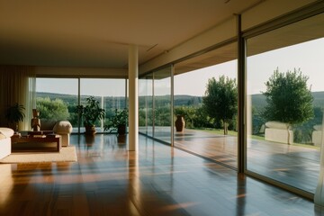 Obraz premium Sunlit modern living room with expansive glass walls overlooks a peaceful, verdant landscape, blending nature with elegant indoor comfort.