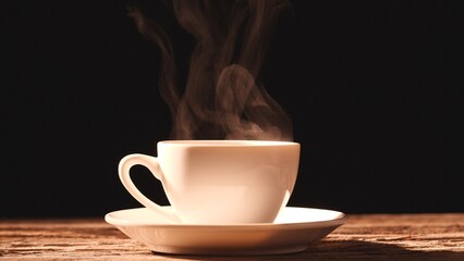 Coffee. Close-up steam rises from cup of coffee, morning sunlight on old wood table, black, dark  background. Concept breakfast, Coffee cup, Espresso, Americano.