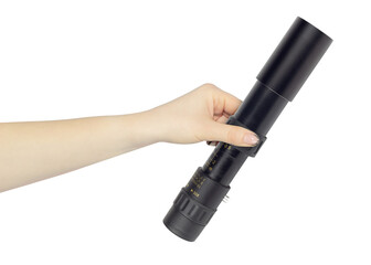 retractable optical monocular, observation sight in hand, outstretched hand with monocular isolated from background	