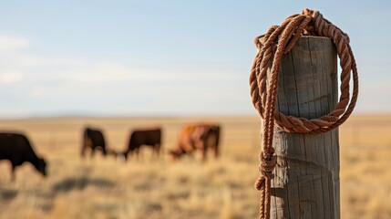 Rope on fence post with grazing cows in a serene pasture landscape