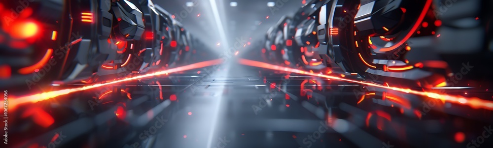 Poster A futuristic corridor illuminated by red lights and beams, creating a sci-fi atmosphere with smooth reflective surfaces.