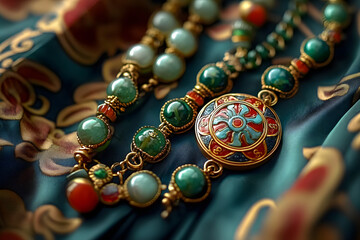 Beautiful traditional chinese green jade and enamel necklace rests on silk fabric, showcasing the...