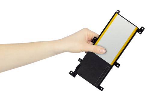 laptop battery in hand isolated from background, concept of hand over or throw away	
