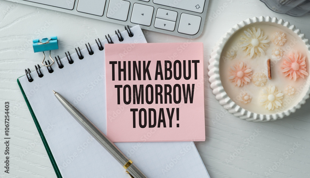 Poster a pink sticky note with the words think about tomorrow today written on it. the note is placed on to