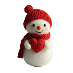 Cute snowman standing holding a heart with transparent background.