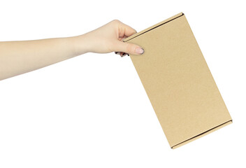 cardboard box for parcel in hand, outstretched hand with cardboard box for parcel isolated from background	