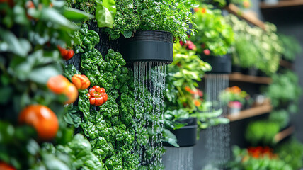 Modern Vertical Garden With Fresh Herbs and Vegetables in a Green Urban Setting. Generative AI