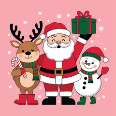Festive Christmas illustration featuring Santa Claus, a reindeer, and a snowman with gifts and candy canes on a pink snowy background.  
