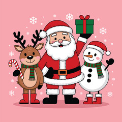 Festive Christmas illustration featuring Santa Claus, a reindeer, and a snowman with gifts and candy canes on a pink snowy background.  
