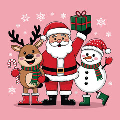 Festive Christmas illustration featuring Santa Claus, a reindeer, and a snowman with gifts and candy canes on a pink snowy background.  
