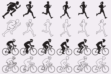Obraz premium Race and cycling icon set with outline. Running, athletic logo design, group of running people.