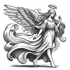 Fototapeta premium graceful angel with flowing robes and outstretched wings, capturing a sense of serenity and divinity sketch engraving illustration. Black and white image.