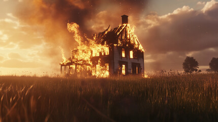 Obraz premium a house at the edge of a field completely engulfed in flames