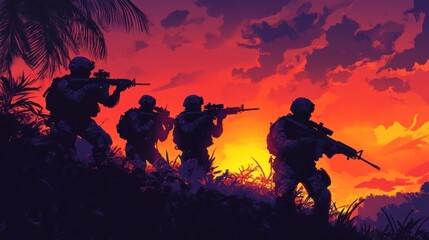 SEALs Operation Sunset - Silhouettes of SEALs preparing for action at sunset, against a deep orange and purple sky.