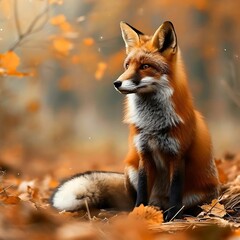 Obraz premium Red Fox in the Woods with Autumn Leaves