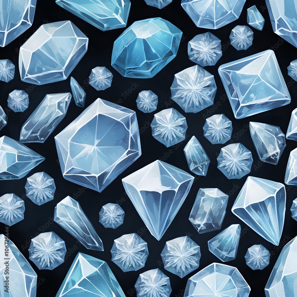 Poster engaging top down view of various sized ice gems for gaming applications and visual designs