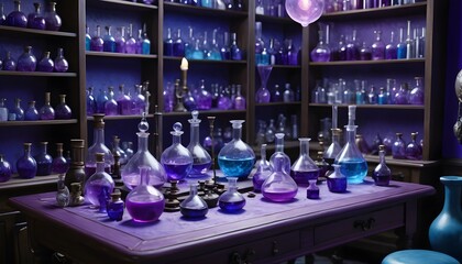 Enchanting Alchemy Room Decorated in Mysterious Purple and Blue Tones Featuring an Impressive Magic Table Surrounded by Numerous Flasks