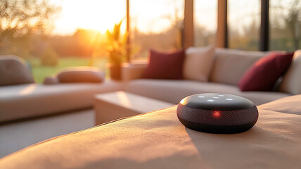 Modern Smart Speaker in Cozy Living Room During Sunset With Natural Lighting. Generative AI