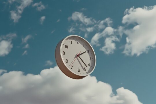 A clock appears to float against a backdrop of a clear blue sky dotted with fluffy clouds.
