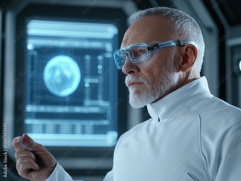 Poster a futuristic scientist in a sleek white suit, wearing glasses, focuses intently while analyzing data
