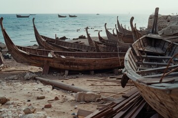Weathered wooden Viking ships rest on a rocky shore, whispering tales of seafaring adventures and ancient voyages.