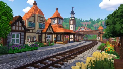Obraz premium Small Town Station - Charming small-town station with a single platform and quaint surroundings.