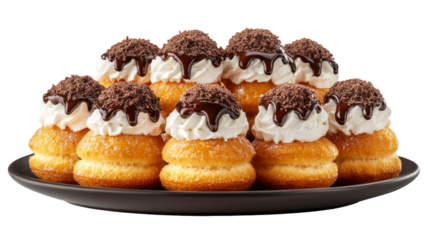 Chocolate Cream Puff Delights, fluffy pastries with whipped cream, chocolate topping, arranged on a dark platter Isolated on white background or PNG