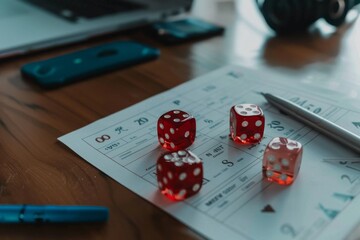Four red dice rest on a tabletop amid paper and pens, suggesting a scene of chance, strategy, and contemplation in a game setting.