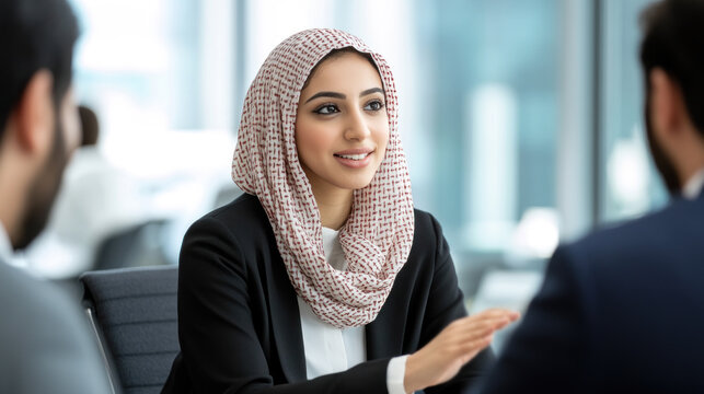 Arabian business woman talking to colleagues at a meeting or job interview