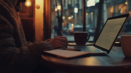 language student practicing vocabulary on a laptop in a cozy cafe, with a notebook, pen, and cup of coffee