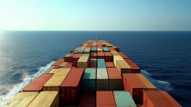 large cargo ship sailing smoothly across the ocean, loaded with shipping containers, with the horizon stretching out under a clear blue sky, representing global logistics