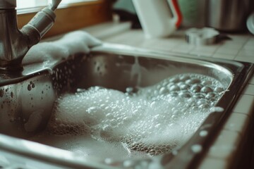 A kitchen sink overflows with soapy bubbles, capturing the everyday chaos and simple routines of domestic life.