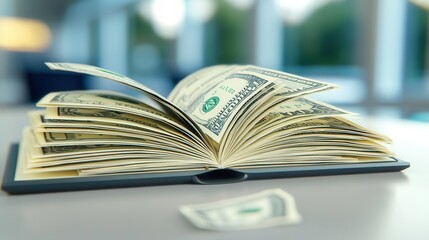 Detailed view of an open book filled with US dollar bills, representing finance and wealth.