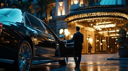 chauffeur service driver holding open the door of a sleek black limousine for a client