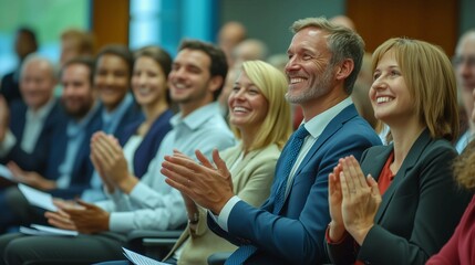 Fototapeta premium Applauding people. Happy satisfied audience joyfully applauding during business conference or seminar.