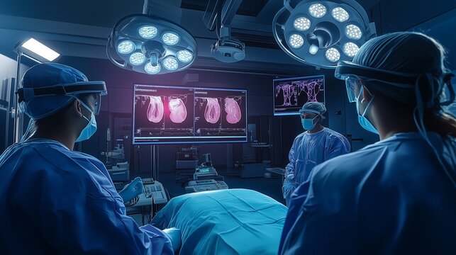 medical intern observing a surgery in a sterile operating room, surrounded by doctors