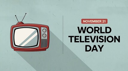 Retro-Styled World Television Day Illustration with Vintage Red TV, Antenna, and November 21 Text on Light Blue Textured Background