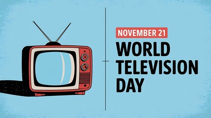 Retro-Styled World Television Day Illustration with Vintage Red TV, Antenna, and November 21 Text on Light Blue Textured Background