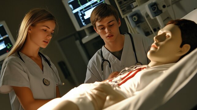 nursing student practicing patient care techniques on a medical dummy in a simulation lab