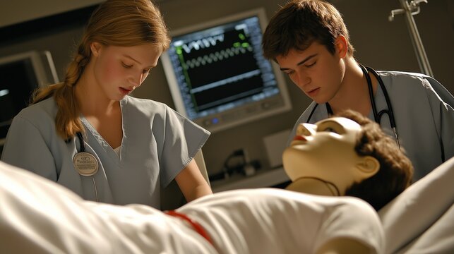 nursing student practicing patient care techniques on a medical dummy in a simulation lab