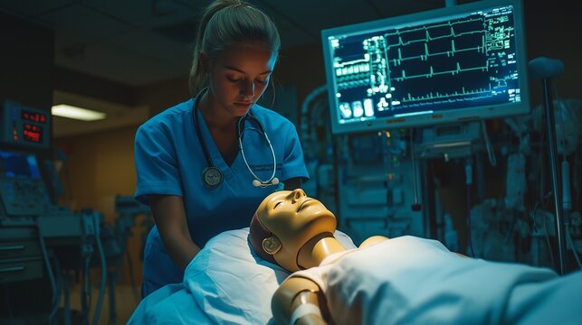 nursing student practicing patient care techniques on a medical dummy in a simulation lab