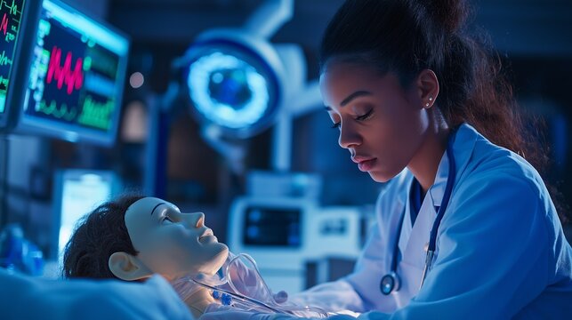 nursing student practicing patient care techniques on a medical dummy in a simulation lab