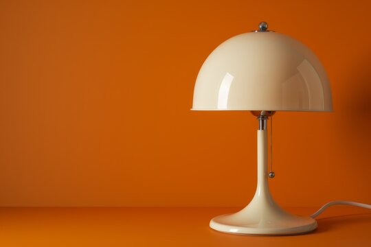 A sleek retro lamp with a dome-shaped shade casts a soft glow against an orange background, creating a warm, inviting atmosphere.