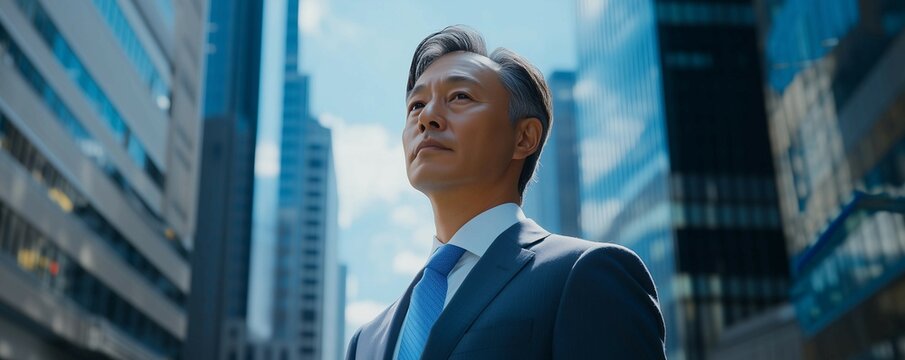 Businessman stands between skyscrapers,looking at sunset,success and ambition in business concept.