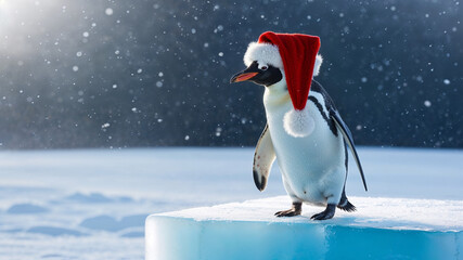 An Emperor penguin stands on the right side of the picture wearing a red hat like Santa Claus Standing in the snowy atmosphere in the North Pole.