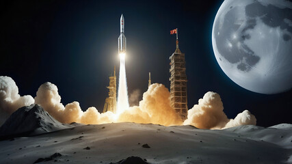 The spacecraft is launching from Earth, with a trail of flame behind it. China’s space program mission to the moon