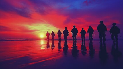 Sunrise Military Scene - Military silhouettes by the shore at dawn, capturing the silent determination of SEALs at first light.