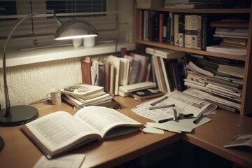 Fototapeta premium Cozy study nook bathed in lamplight, with books and papers strewn across the desk, inviting academic focus.